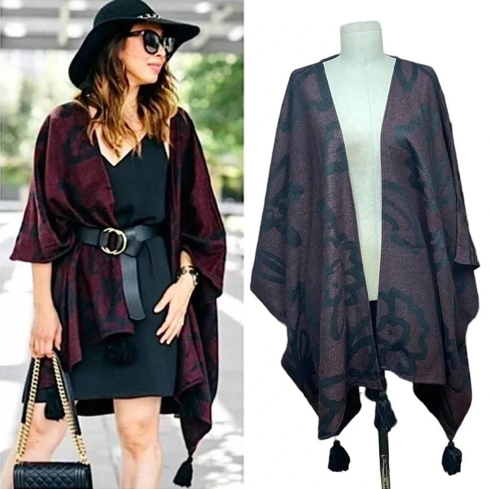 Cleobella Sevigny Capelet Maroon & Black Floral Poncho Wrap One Size